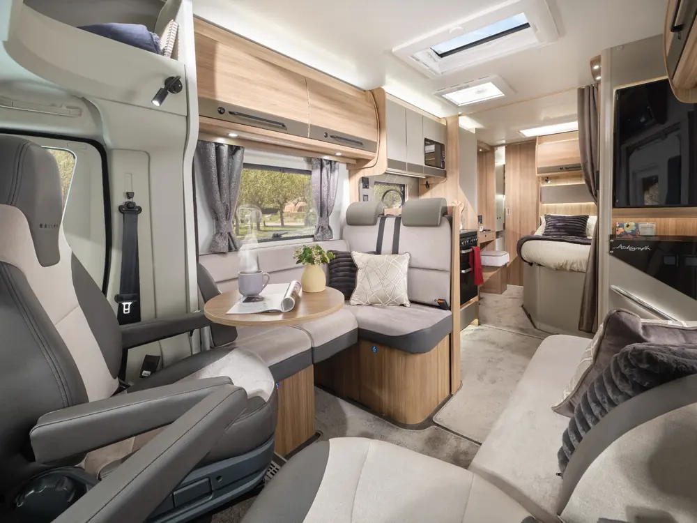 Bailey Autograph 79-4F interior with front lounge dinette kitchen and rear bedroom