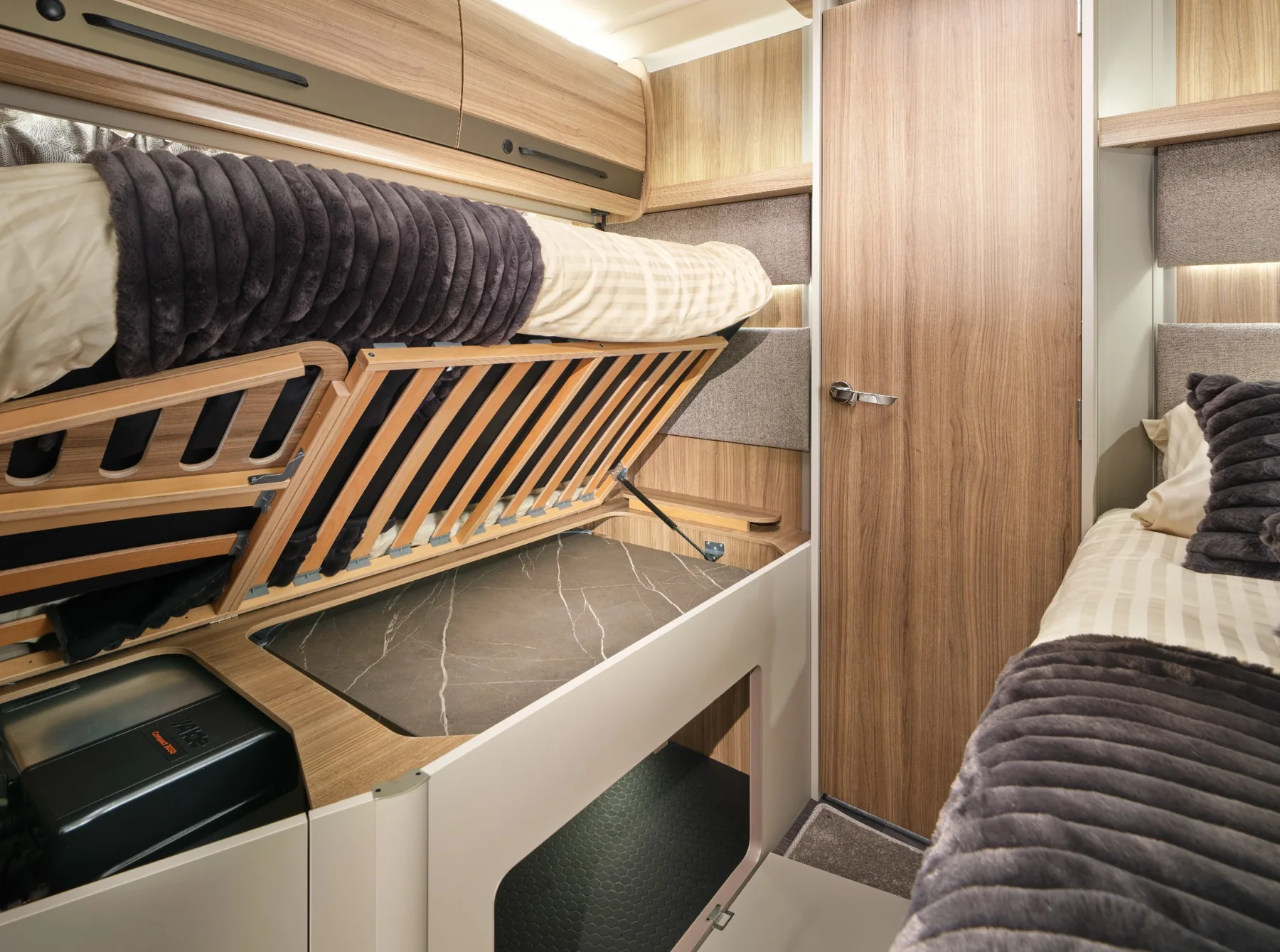 Bailey Autograph 79-4XT internal storage beneath the fixed twin beds