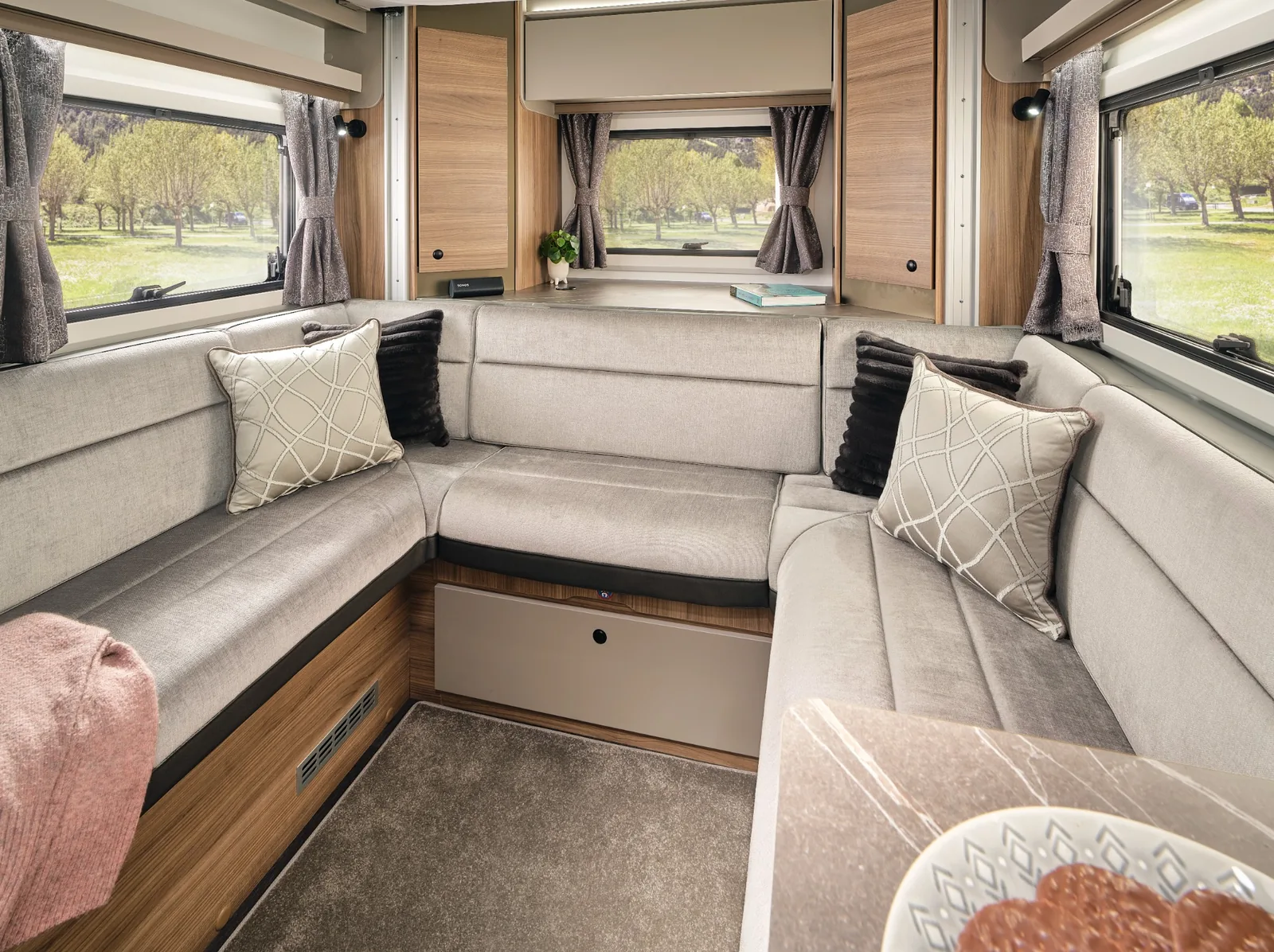 Bailey Autograph 81-5 spacious rear U-shaped lounge with overhead storage