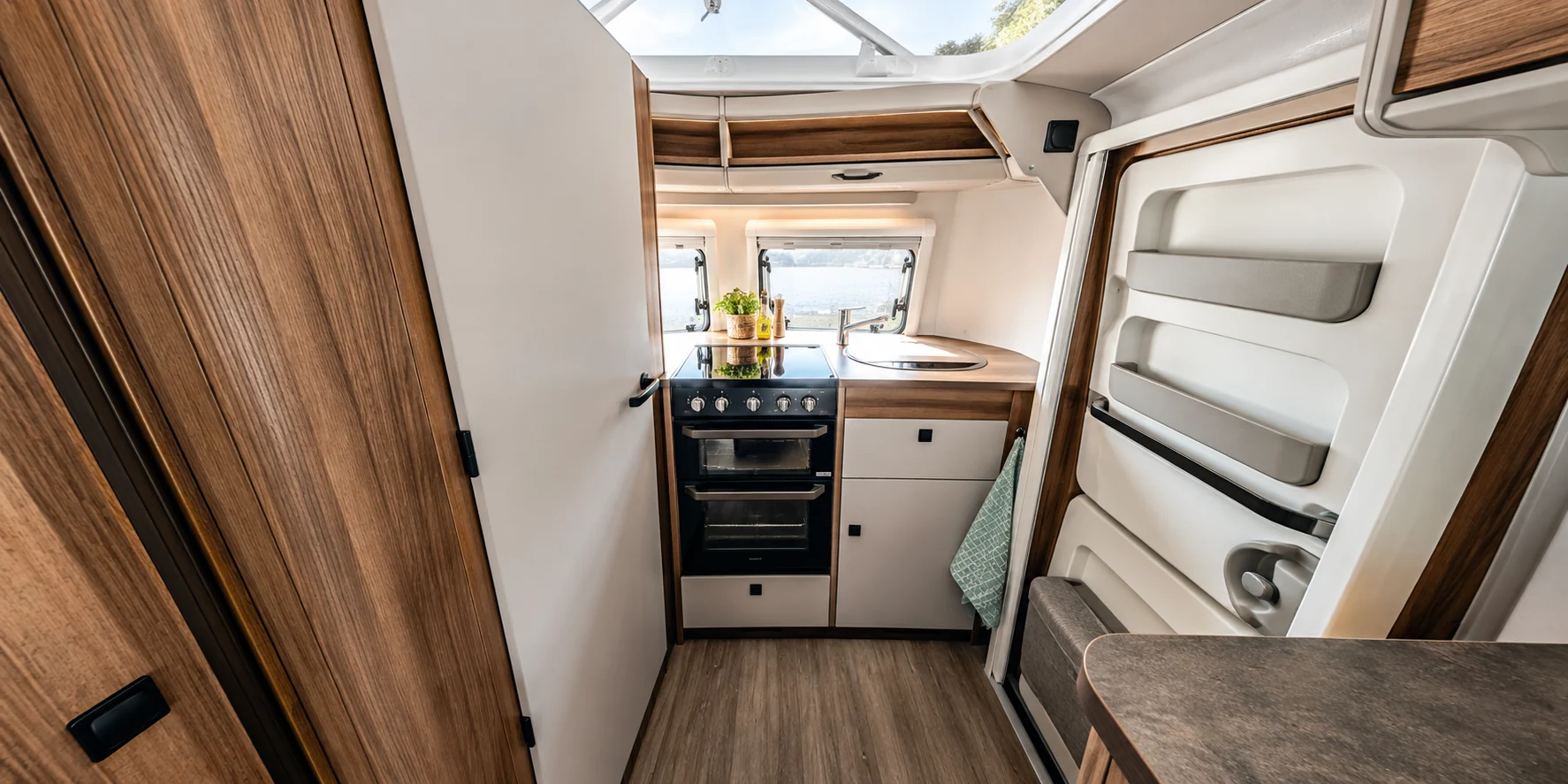 Front kitchen inside the ERIBA Touring 420 caravan