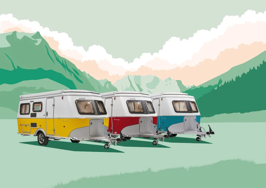 ERIBA Touring caravans in yellow red and blue exterior colours